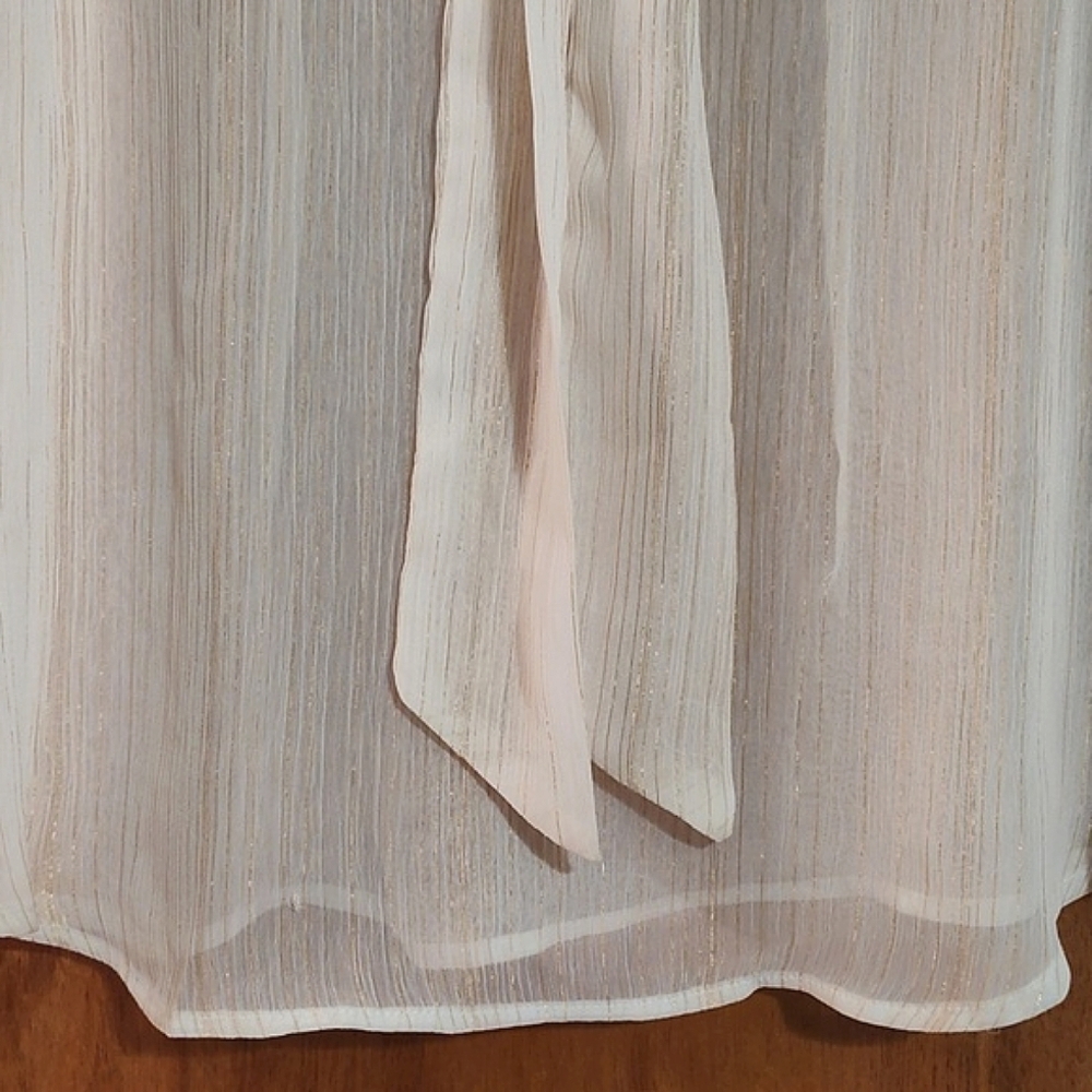 New York & Company Sheer Sleeveless Tie Neck Top Cream Gold Twee Metallic XS - Picture 3 of 10